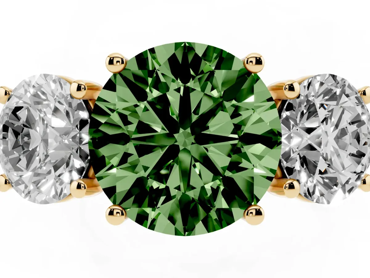 Fancy Green Three-Stone Round Cut Diamond Ring with Round Pavé Band and Prong Setting Yellow gold