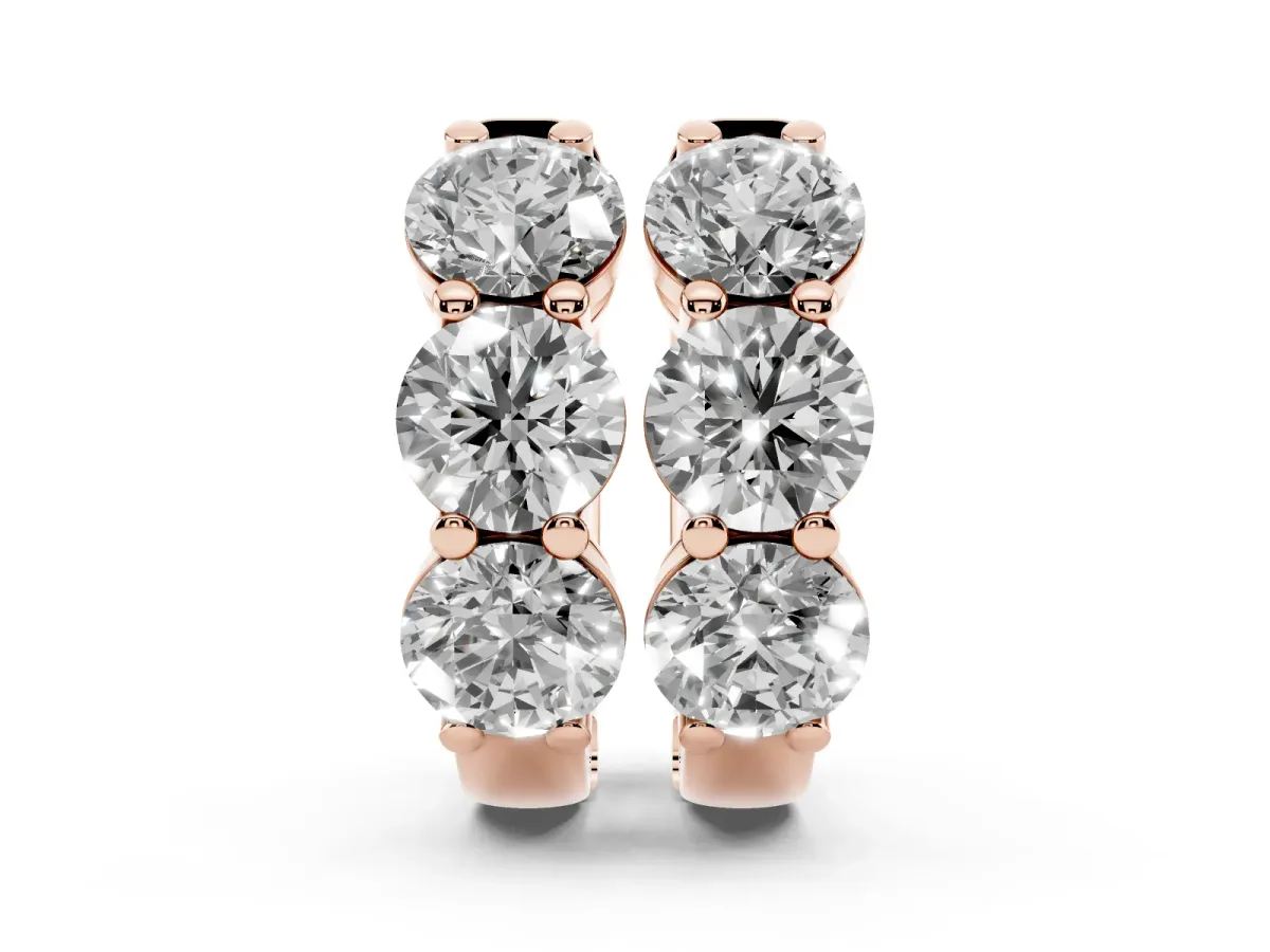 Triple Round Diamond Huggie Earrings with Prong Setting Rose gold