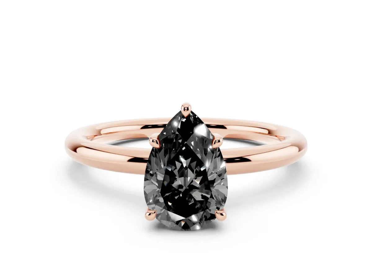 Fancy Black Pear Cut Diamond Solitaire Ring with Thin Band and Four-Prong Setting Rose gold