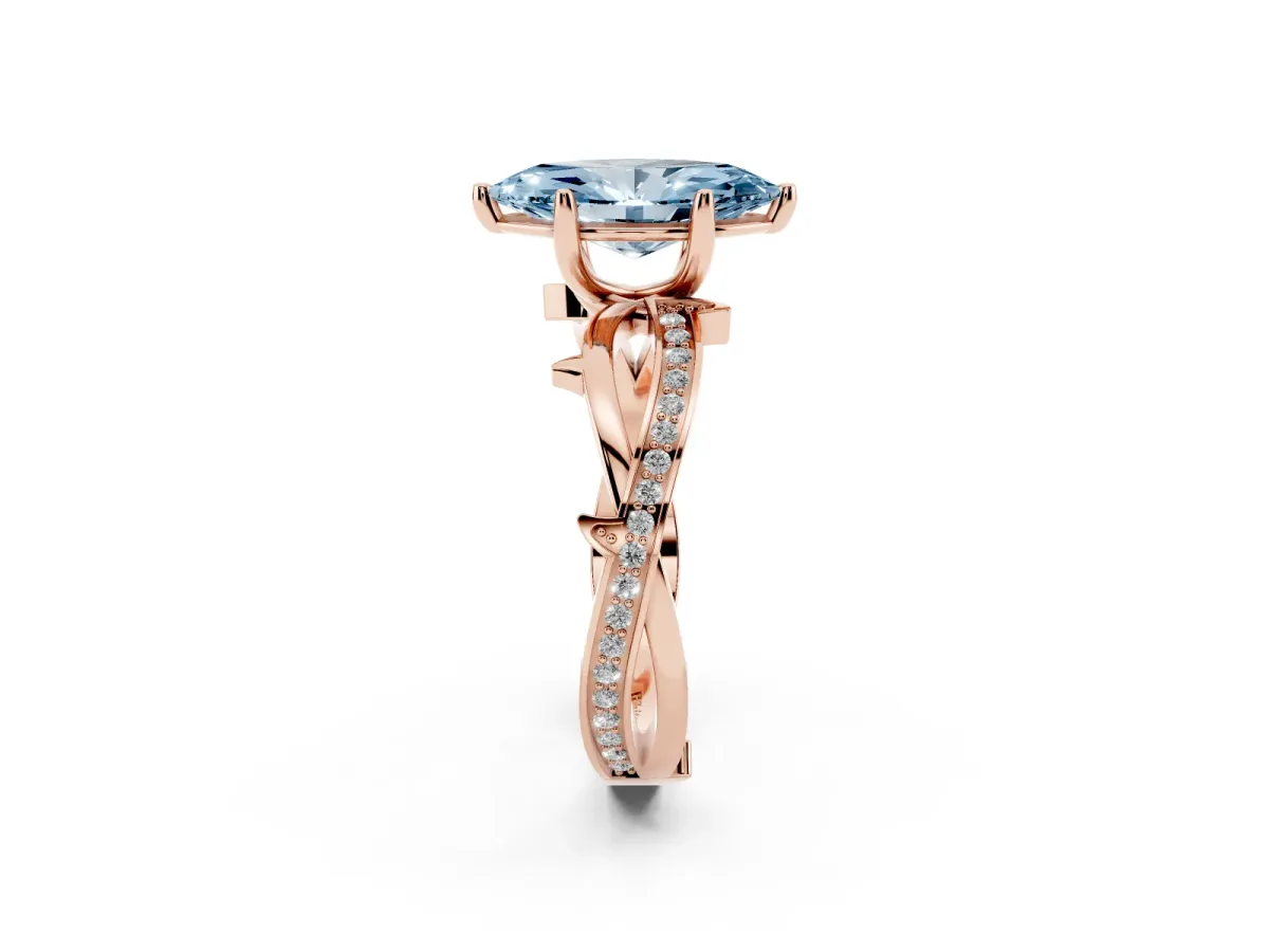 Fancy Blue Marquise Cut Solitaire Twist Band with Pavé Accents and Four-Prong Setting Rose gold