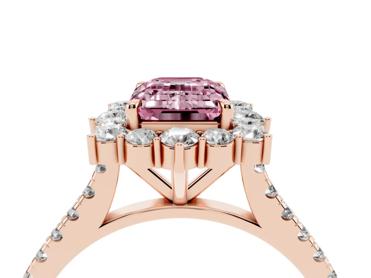Fancy Pink Emerald Cut Halo Diamond Ring with Pavé Band and Prong Setting Rose gold