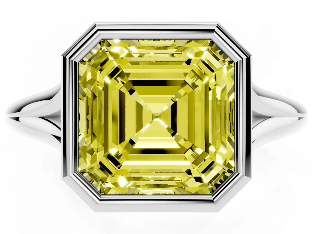 Fancy Yellow Bezel Set Asscher Cut Cut Solitaire Ring with Tapered Band Silver