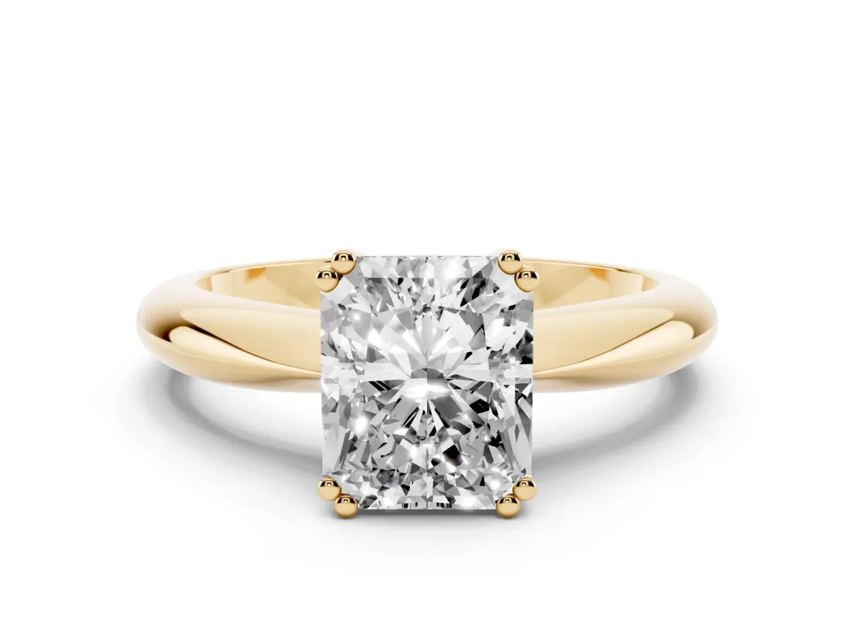 Radiant Cut Cut Solitaire Engagement Ring with Tapered Band and Four-Prong Setting Yellow gold