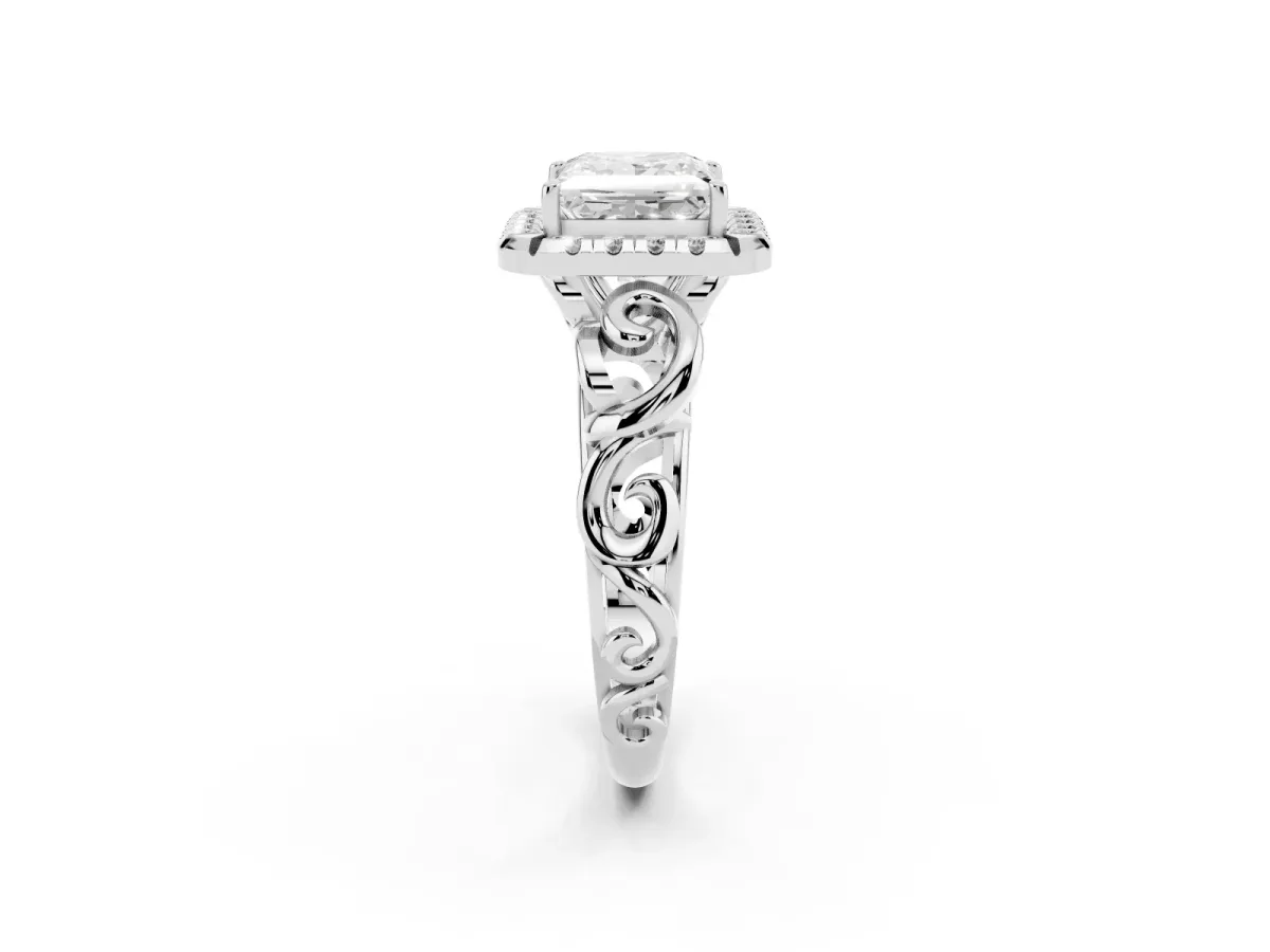 Princess Cut Cut Halo Diamond Ring with Scrollwork Band and Four-Prong Setting Platinum
