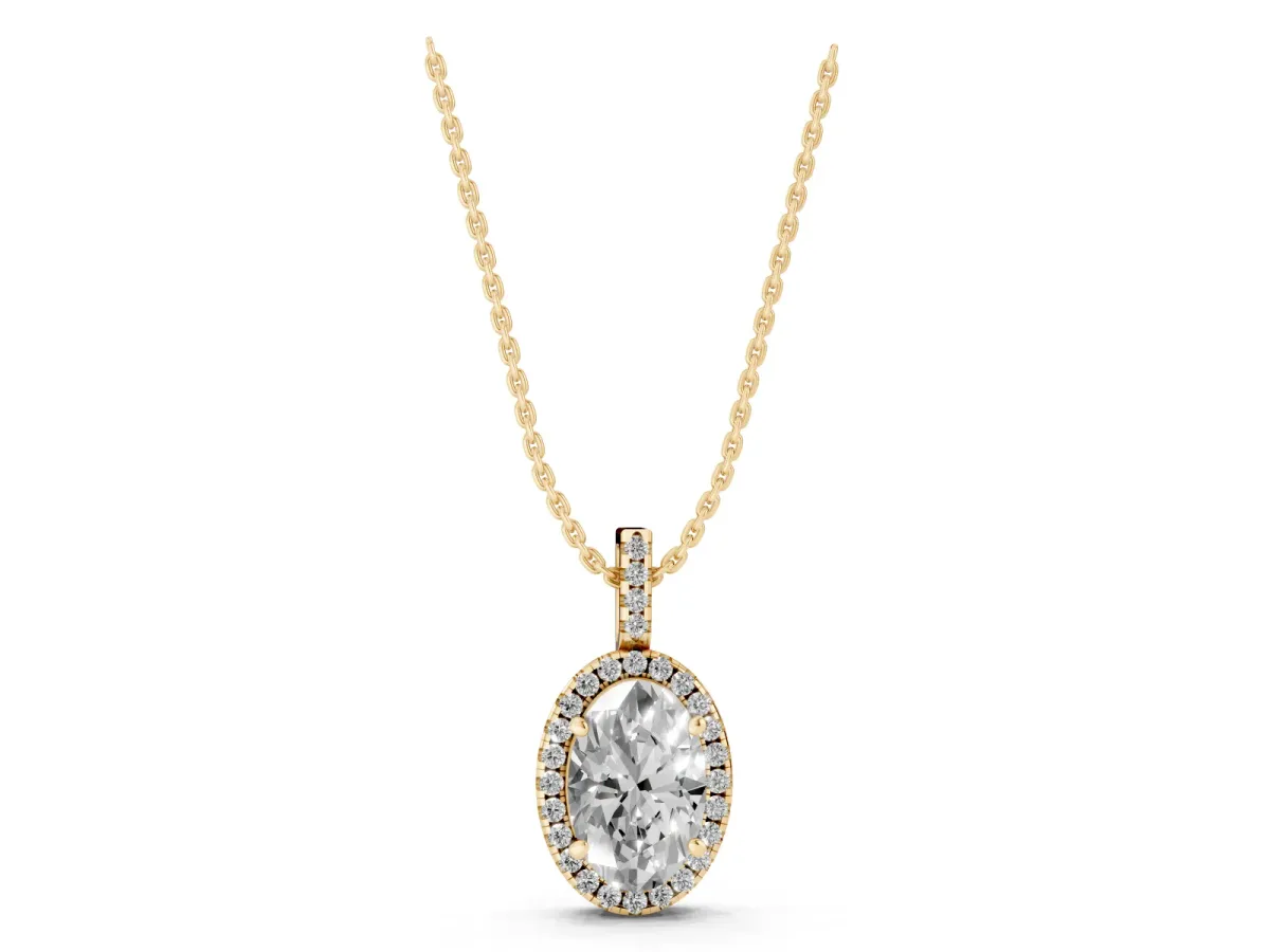 Oval Halo Diamond Pendant with Prong Setting Yellow gold
