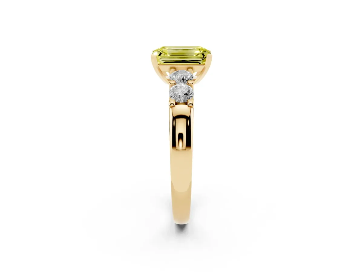 Fancy Yellow Emerald Cut Brilliant Cut Diamond Five-Stone Prong Set Engagement Ring with Channel Band Yellow gold