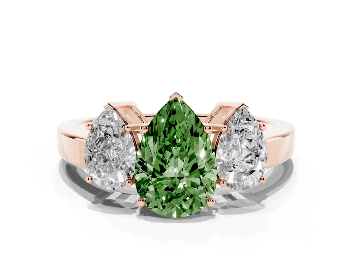 Fancy Green Three-Stone Pear Cut Cut Diamond Engagement Ring with Flat Band and Four-Prong Setting Rose gold