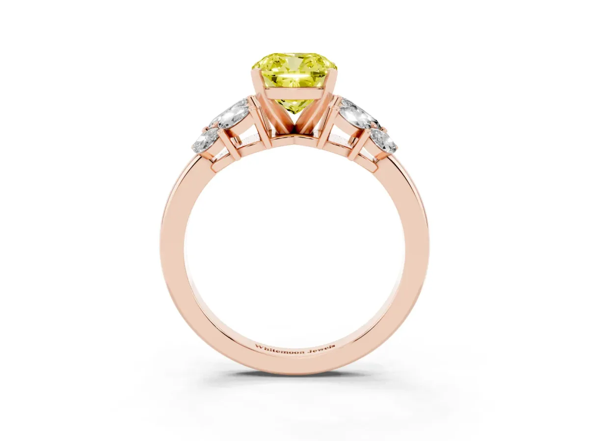 Fancy Yellow Cushion Cut Diamond Cluster Leaf Design Ring with Prong Setting Rose gold