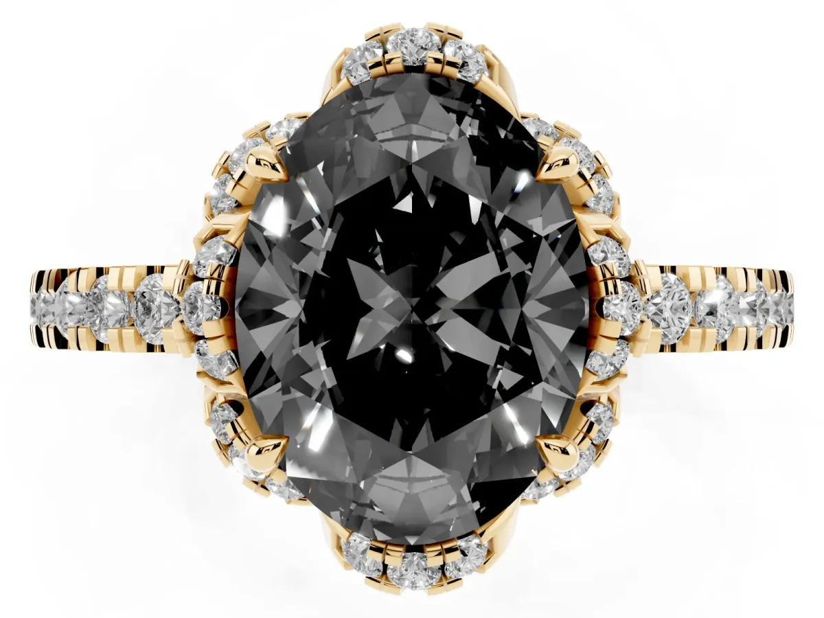 Fancy Black Oval Cut Diamond Halo Pave Band with Four-Prong Setting Yellow gold
