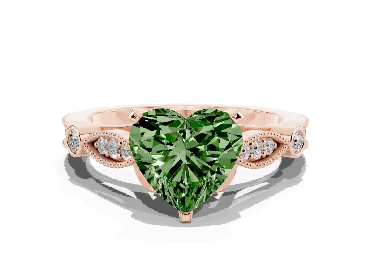 Fancy Green Heart Cut Cut Diamond with Milgrain Marquise and Bezel Accents on a Solitaire Band with Prong Setting Rose gold