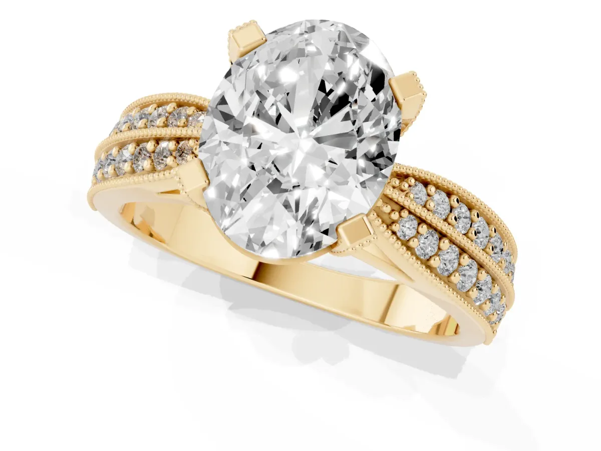 Oval Cut Diamond Solitaire Ring with Milgrain Round Pavé Band and Prong Setting Yellow gold
