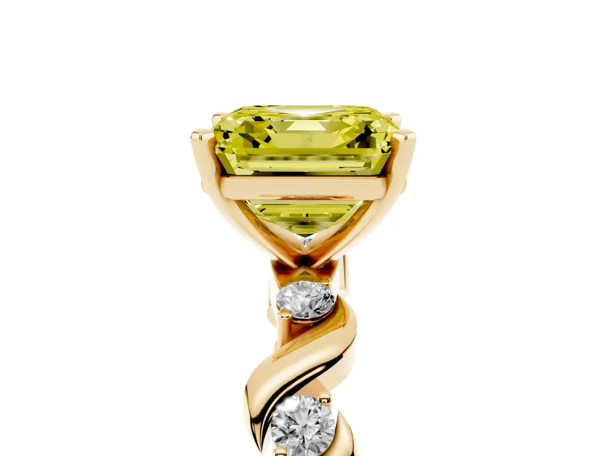 Fancy Yellow Asscher Cut Diamond Solitaire Twisted Band with Round Accents and Prong Setting Yellow gold
