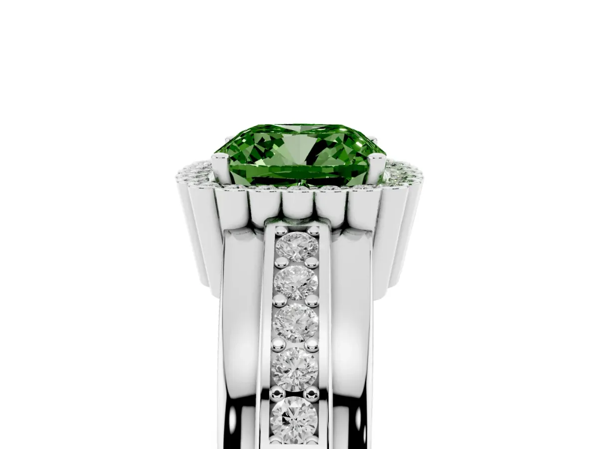 Fancy Green Cushion Cut Cut Halo Pave Band Four-Prong Ring Silver