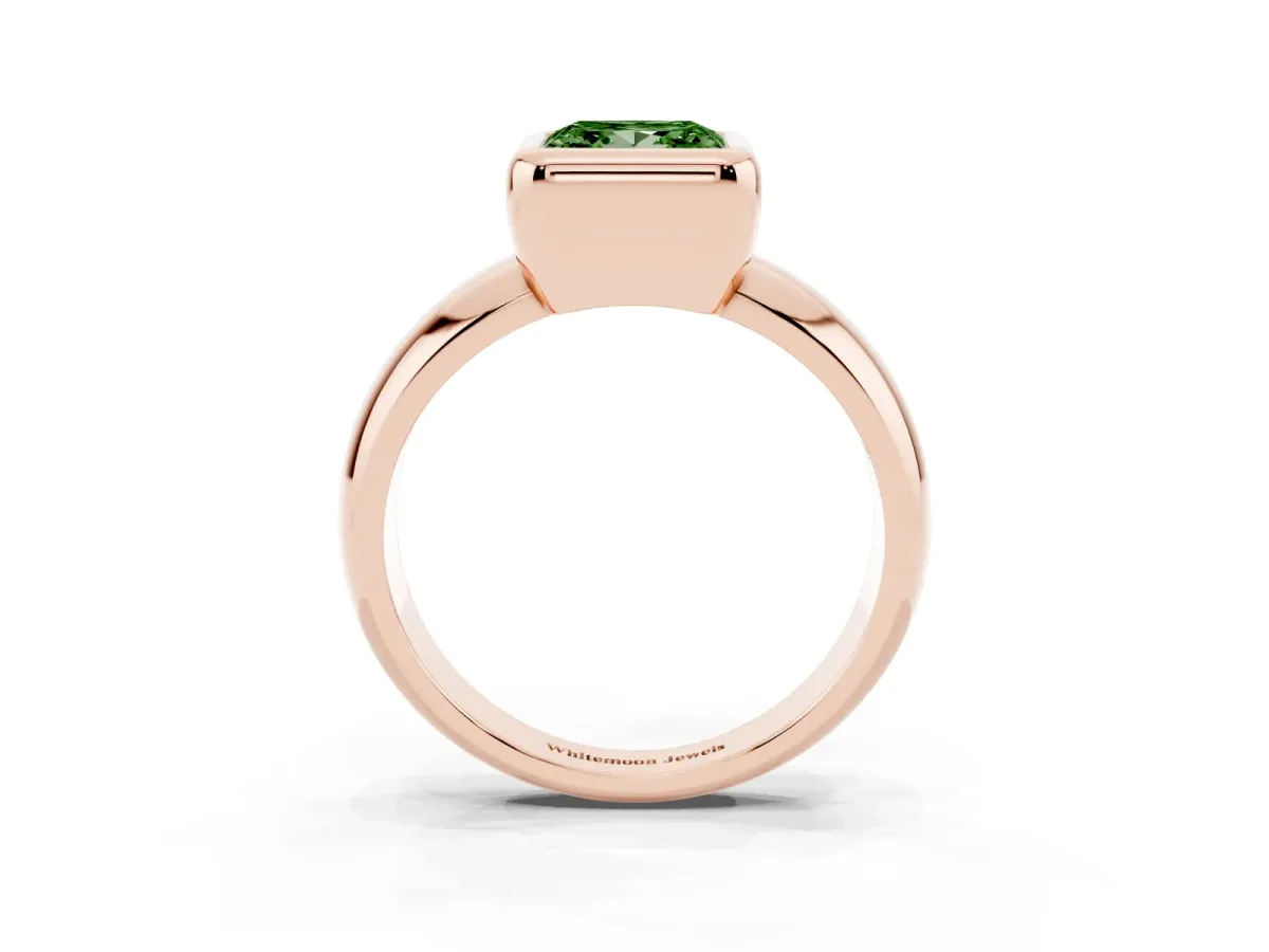 Fancy Green Bezel Set Princess Cut Solitaire Ring with Wide Band Rose gold