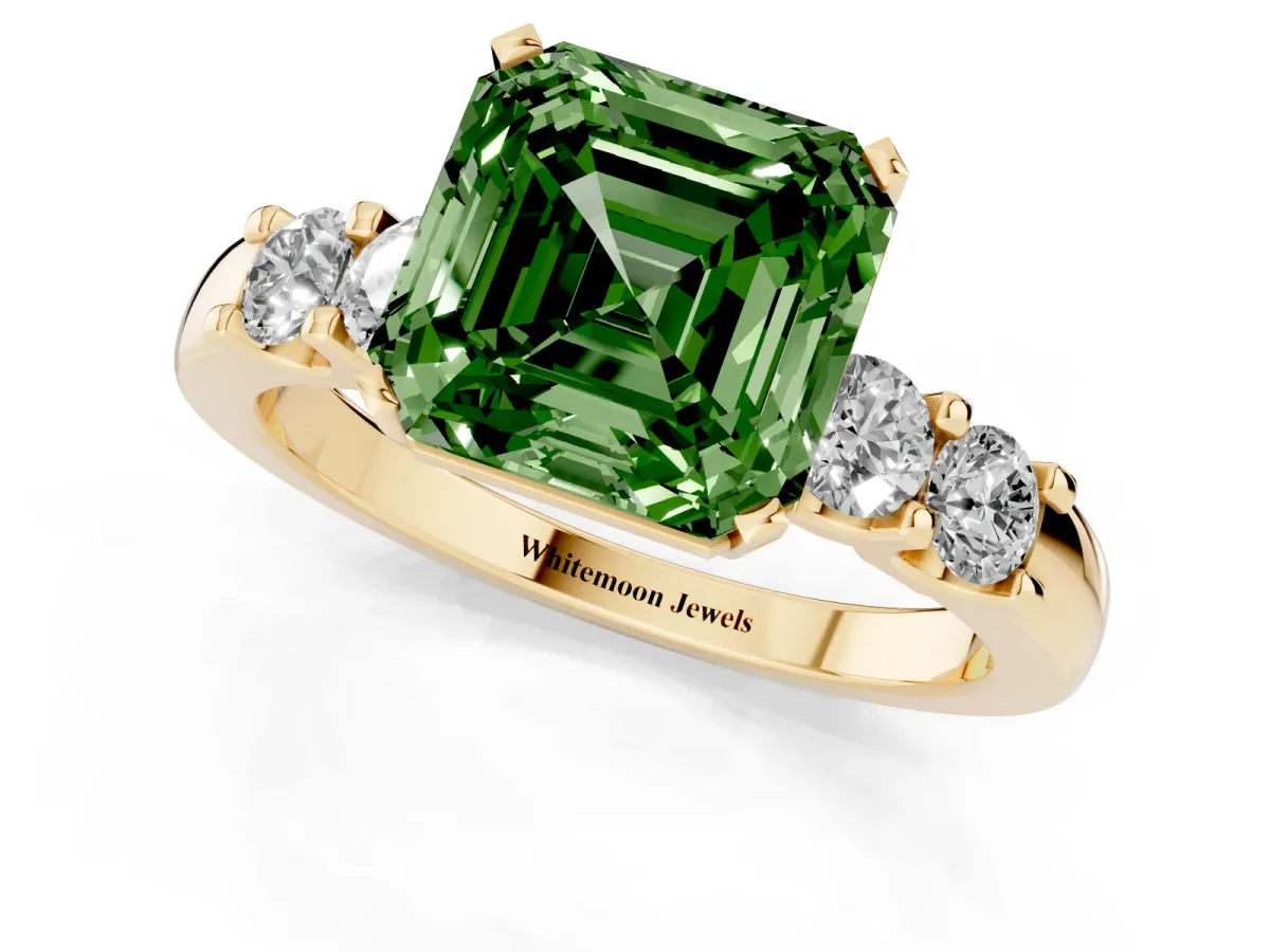 Fancy Green Asscher Cut Brilliant Cut Diamond Five-Stone Prong Set Engagement Ring with Channel Band Yellow gold