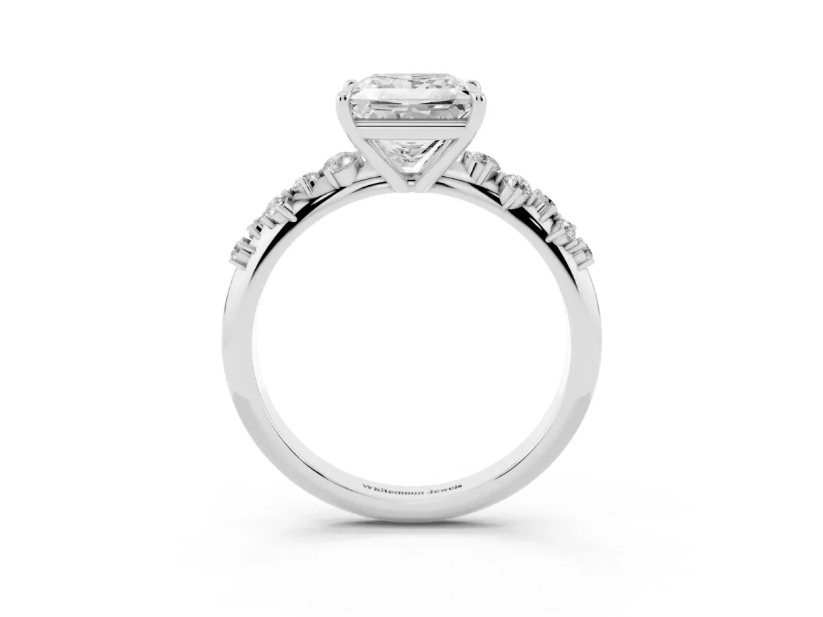 Princess Cut Diamond Cluster Side Stone Solitaire Ring with Prong Setting Silver