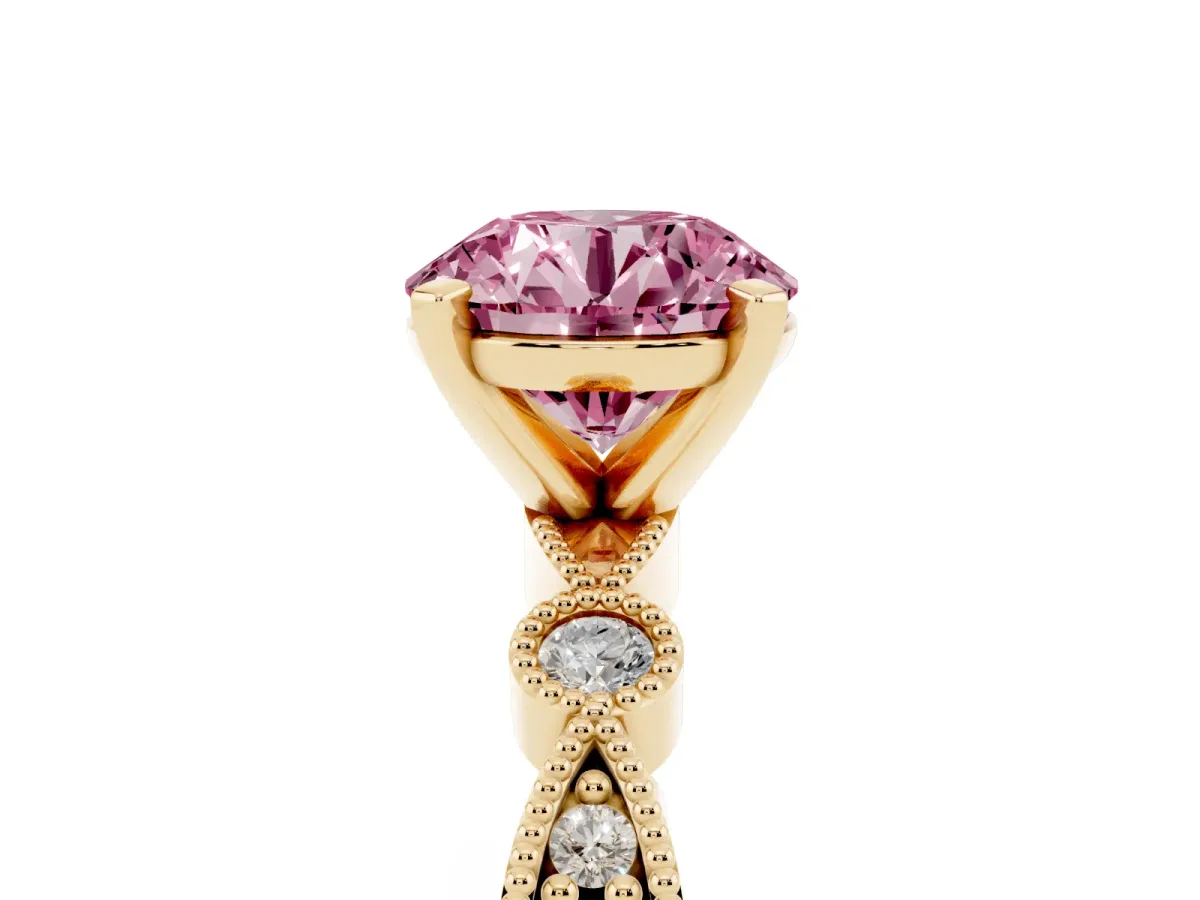 Fancy Pink Round Cut Milgrain Bezel Diamond Engagement Ring with Solitaire Prong Setting Yellow gold