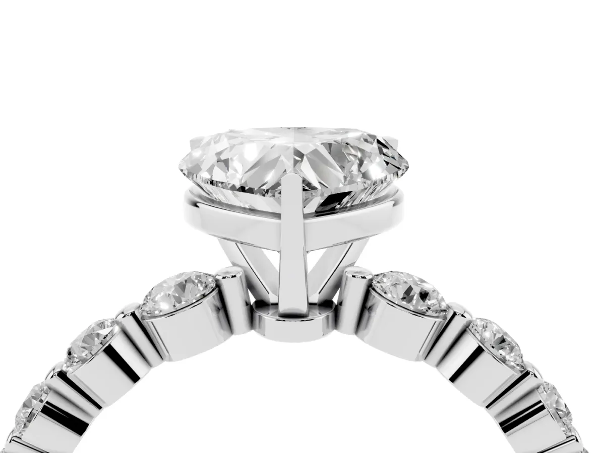 Heart Cut Solitaire Diamond Ring with Pave Band and Four-Prong Setting Silver