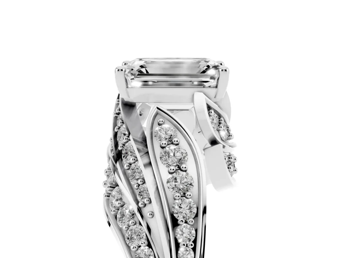 Emerald Cut Diamond Solitaire Ring with Prong Setting and Twisted Pavé Band Silver