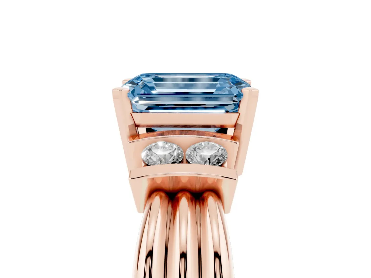Fancy Blue Emerald Cut Cut Three-Stone Channel Set Ring with Bar Prongs Rose gold