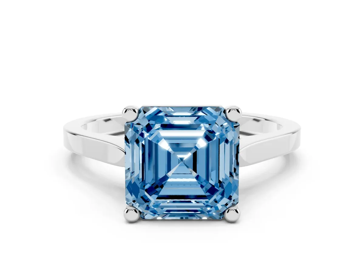 Fancy Blue Asscher Cut Solitaire Diamond Ring with Four-Prong Setting and Tapered Band Silver