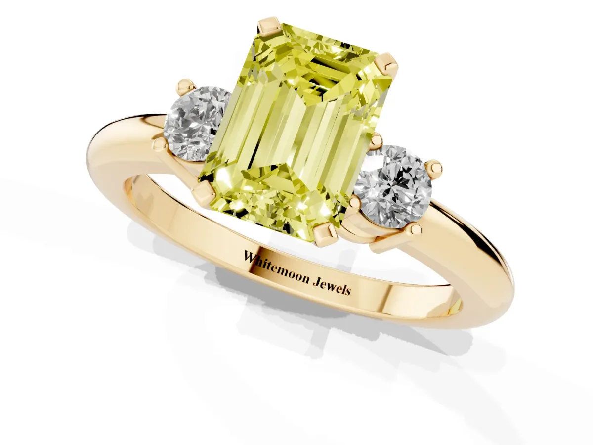 Fancy Yellow Three-Stone Emerald Cut Cut Diamond Solitaire with Prong Setting and Classic Band Yellow gold