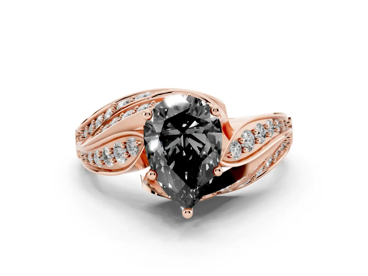 Fancy Black Pear Cut Diamond Solitaire Ring with Prong Setting and Twisted Pavé Band Rose gold