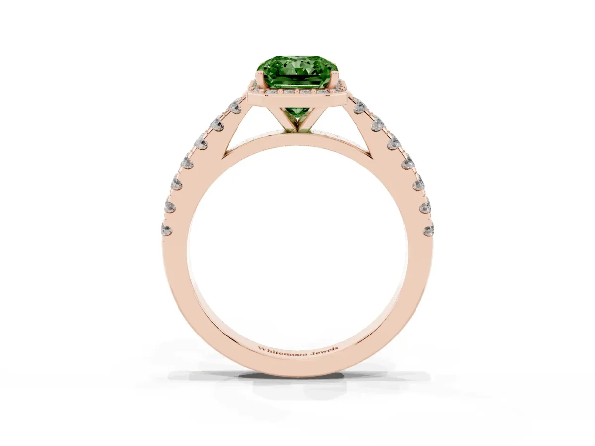 Fancy Green Radiant Cut Cut Halo Diamond Engagement Ring with Pave Band and Four-Prong Setting Rose gold