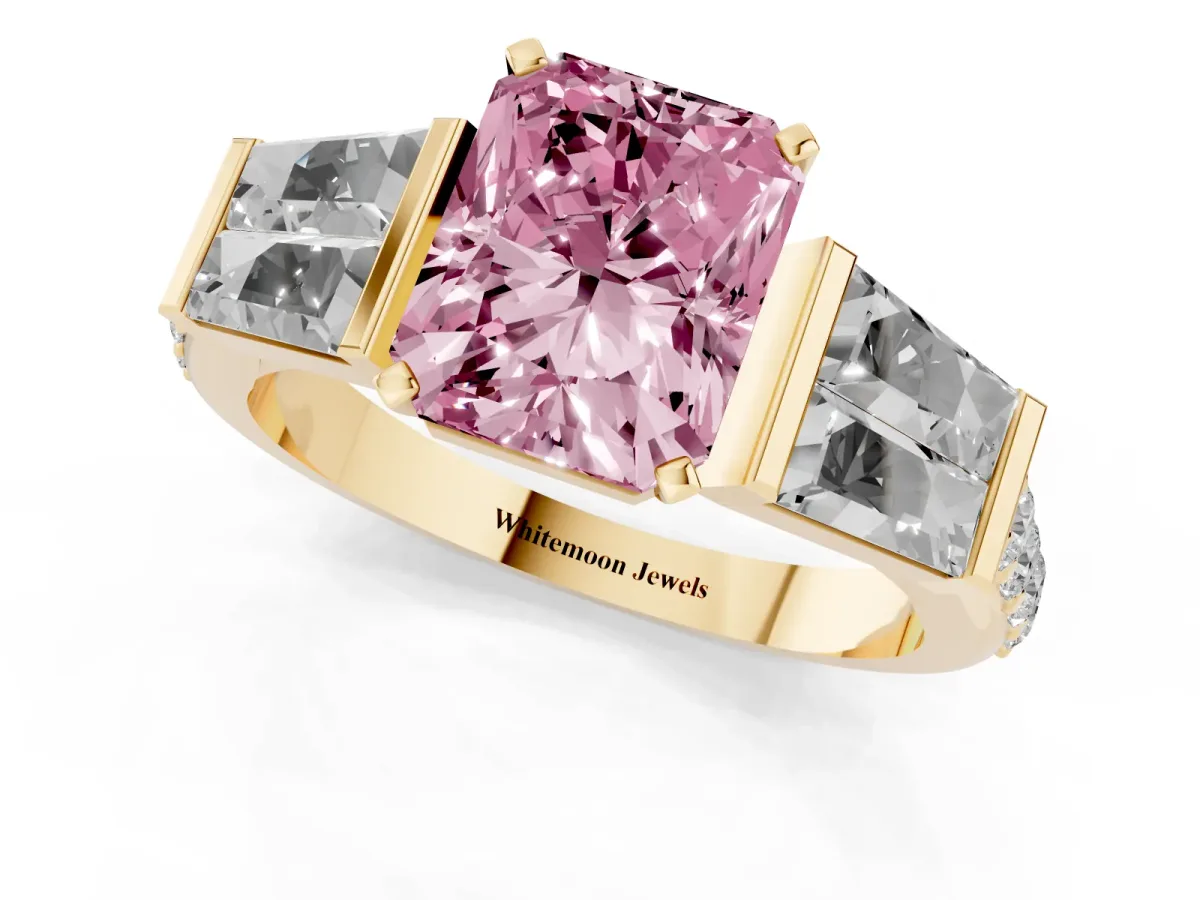 Fancy Pink Radiant Cut Diamond Engagement Ring with Baguette Side Stones and Channel Set Band Yellow gold