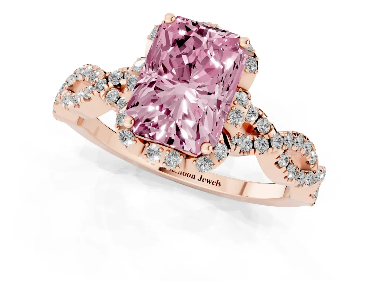 Fancy Pink Radiant Cut Halo Twist Band Solitaire Ring with Six-Prong Setting Rose gold