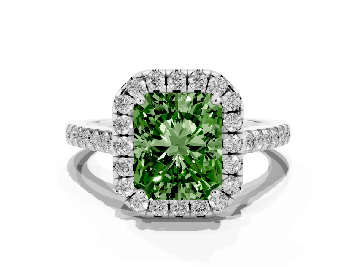 Fancy Green Radiant Cut Halo Pavé Diamond Engagement Ring with Four-Prong Setting Silver