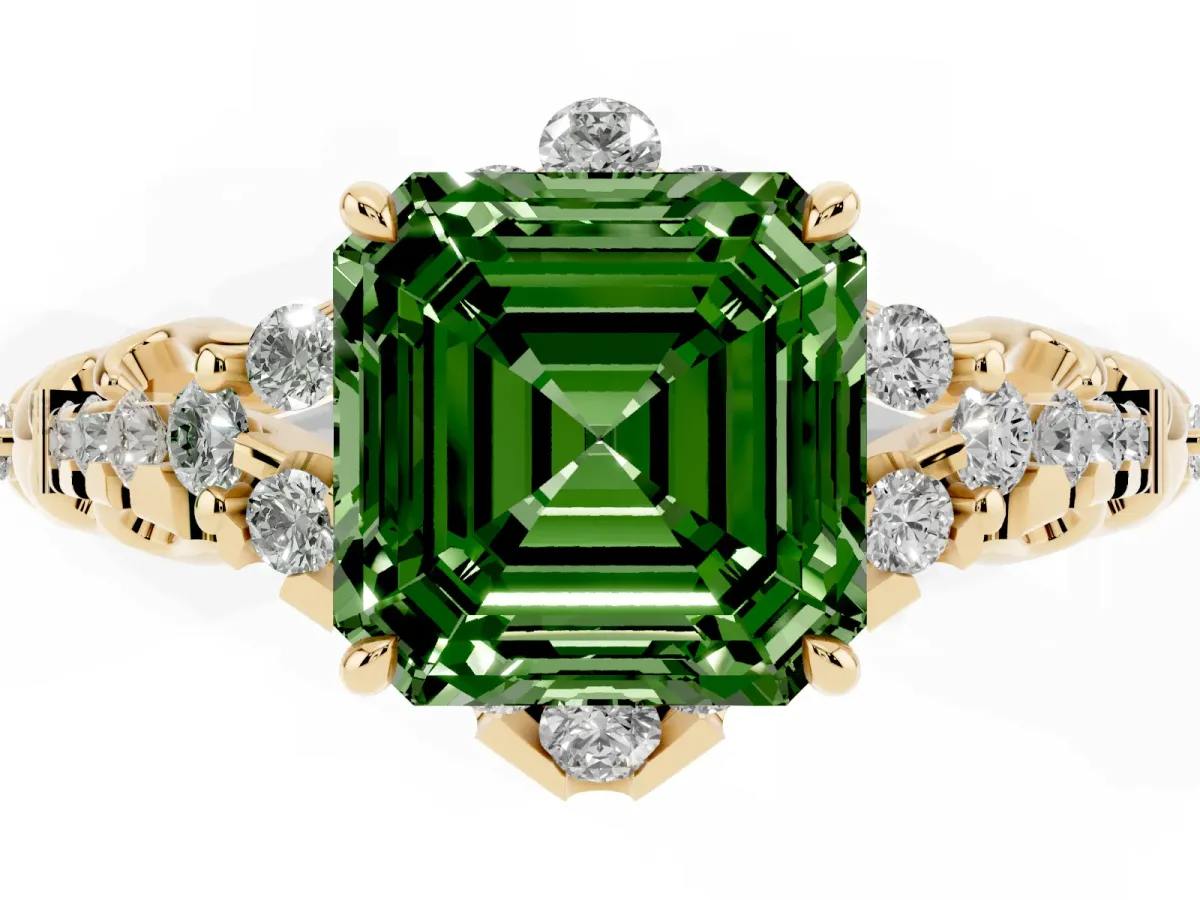 Fancy Green Asscher Cut Diamond Solitaire Ring with Hidden Halo and Pavé Band Yellow gold