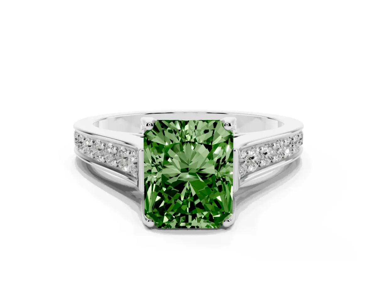 Fancy Green Radiant Cut Brilliant Cut Diamond Engagement Ring with Pavé Band and Four-Prong Setting Platinum