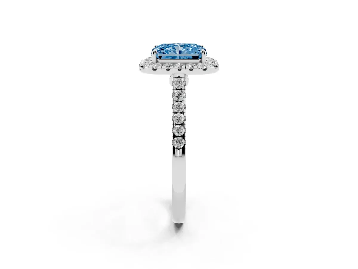 Fancy Blue Radiant Cut Halo Pave Diamond Engagement Ring with Four-Prong Setting Silver
