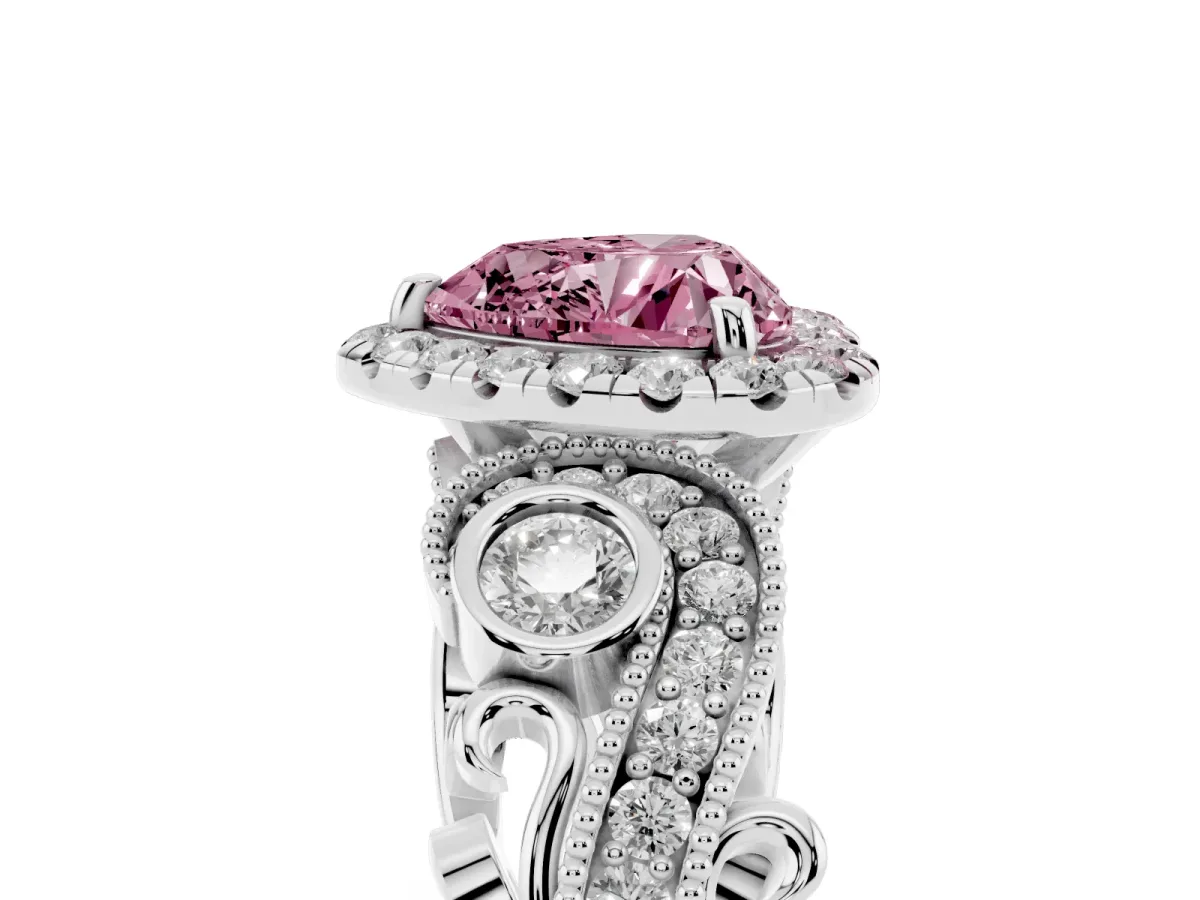 Fancy Pink Heart Cut Diamond Halo Ring with Milgrain Pavé Band and Four-Prong Setting Platinum