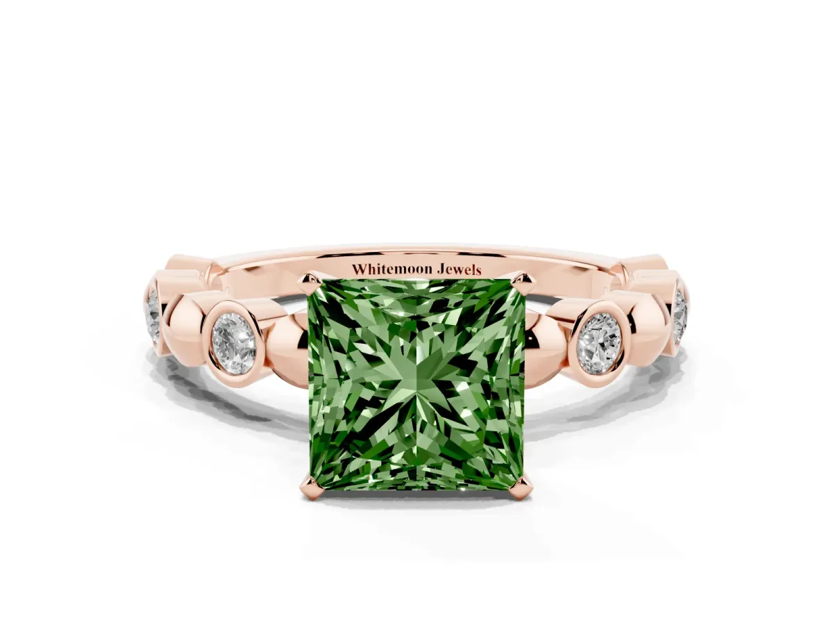 Fancy Green Princess Cut Solitaire Bezel-Set Diamond Ring with Beaded Band and Four-Prong Setting Rose gold