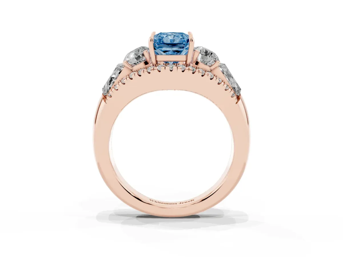 Fancy Blue Three-Stone Radiant Cut Diamond Engagement Ring with Pave Band and Prong Setting Rose gold