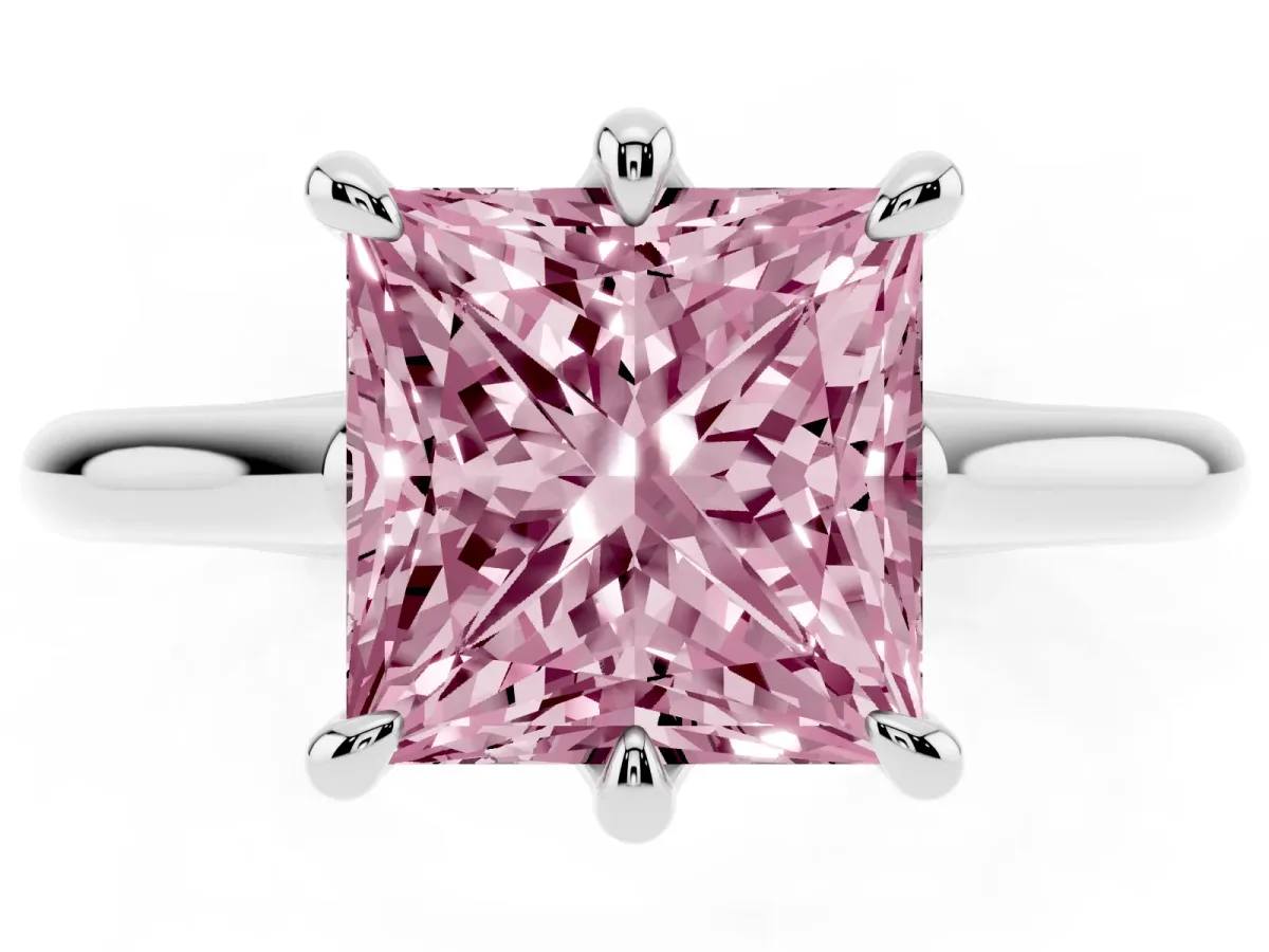 Fancy Pink Princess Cut Solitaire Engagement Ring with Six-Prong Setting and Classic Band Platinum