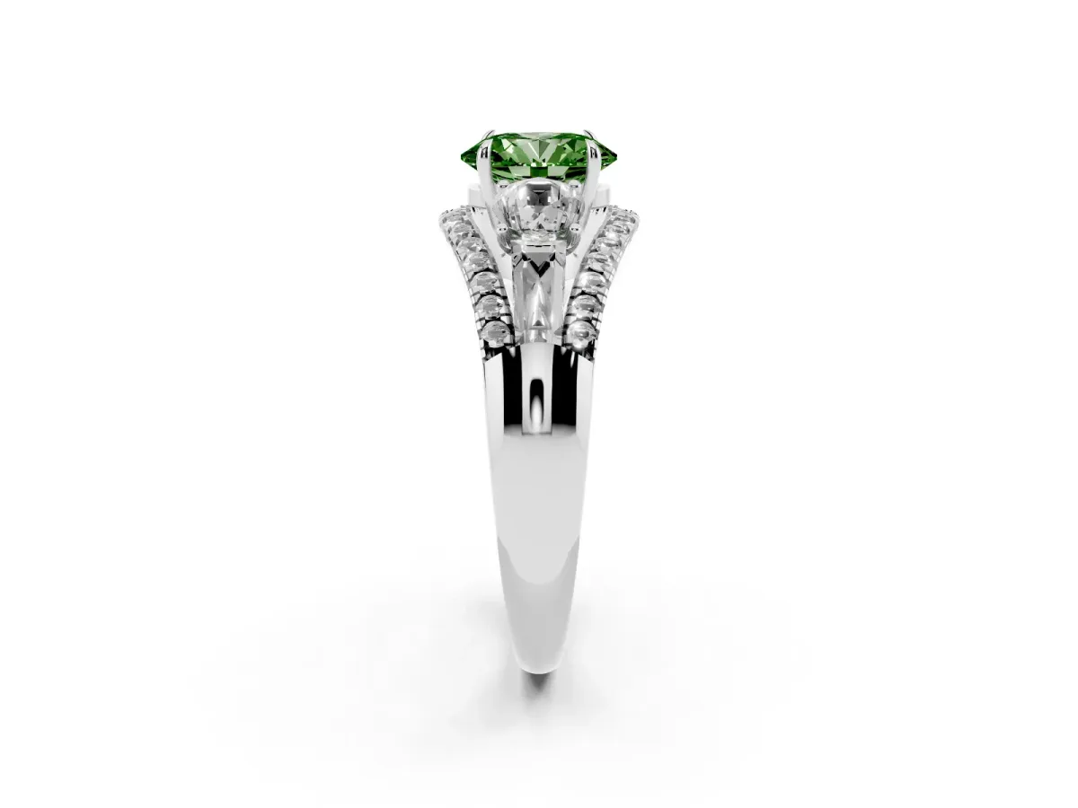 Fancy Green Three-Stone Oval Cut Diamond Engagement Ring with Pave Band and Prong Setting Silver