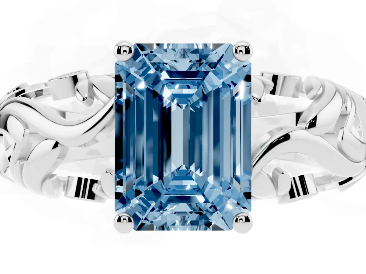 Fancy Blue Emerald Cut Solitaire Diamond Leaf-Inspired Vine Band Ring with Prong Setting Platinum