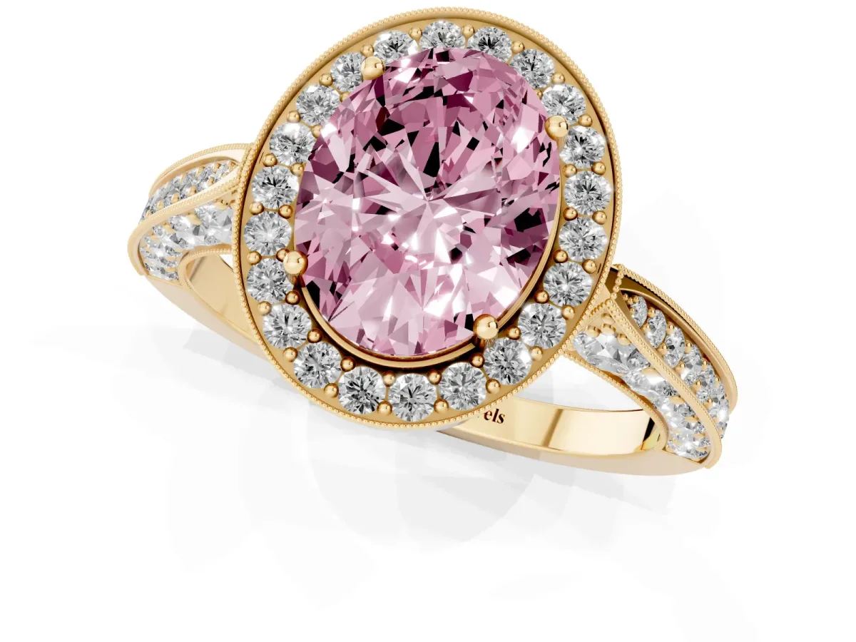 Fancy Pink Oval Cut Halo Diamond Engagement Ring with Split Shank Band and Four-Prong Setting Yellow gold