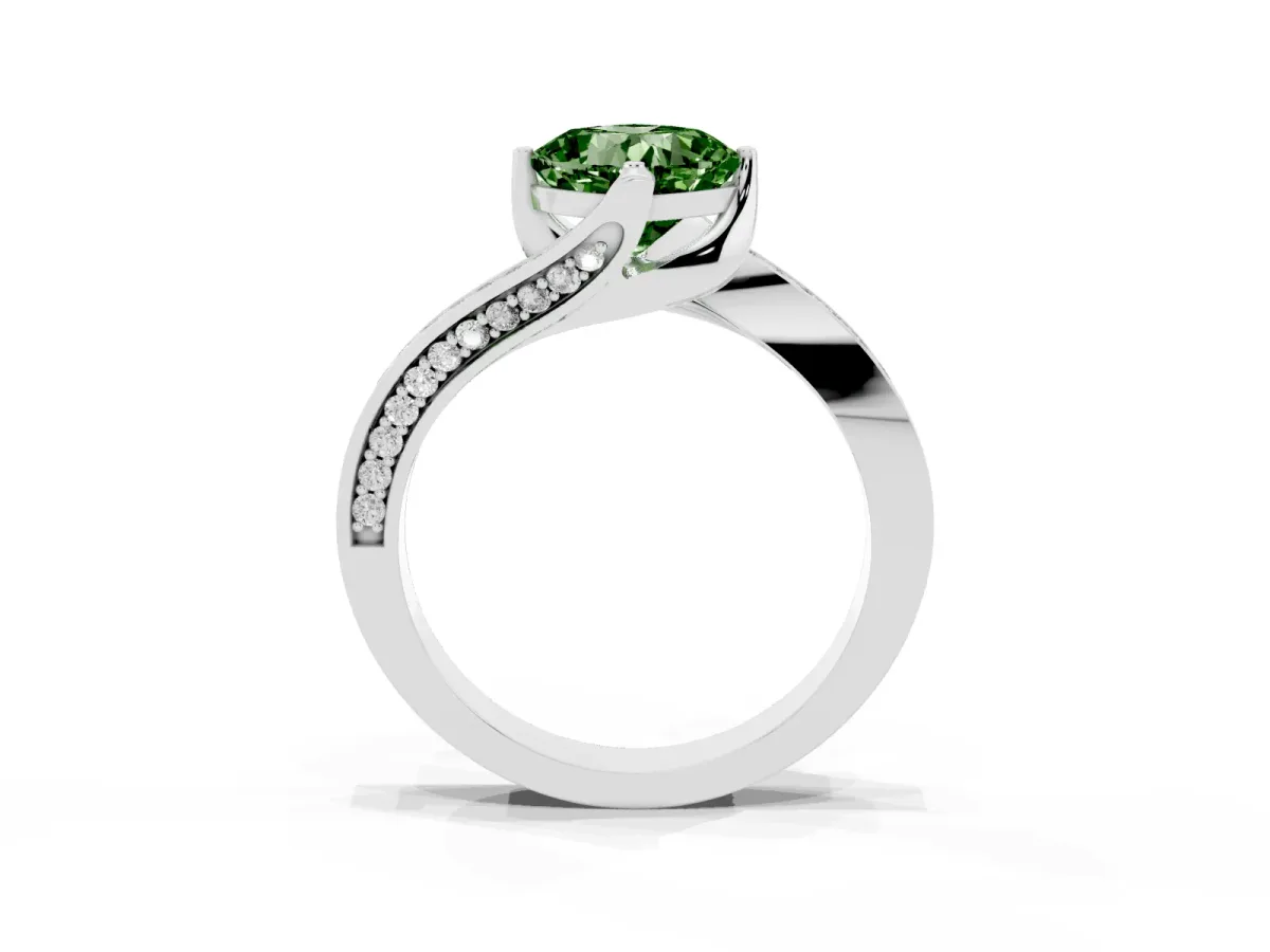 Fancy Green Cushion Cut Solitaire Diamond Twist Band with Pavé Setting and Four-Prong Setting Silver