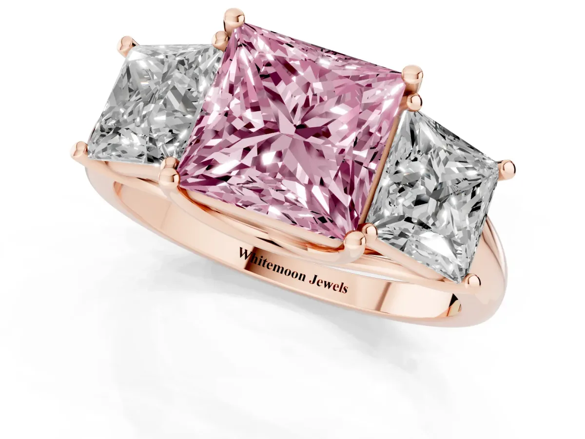 Fancy Pink Three-Stone Princess Cut Diamond Engagement Ring with Prong Setting Rose gold