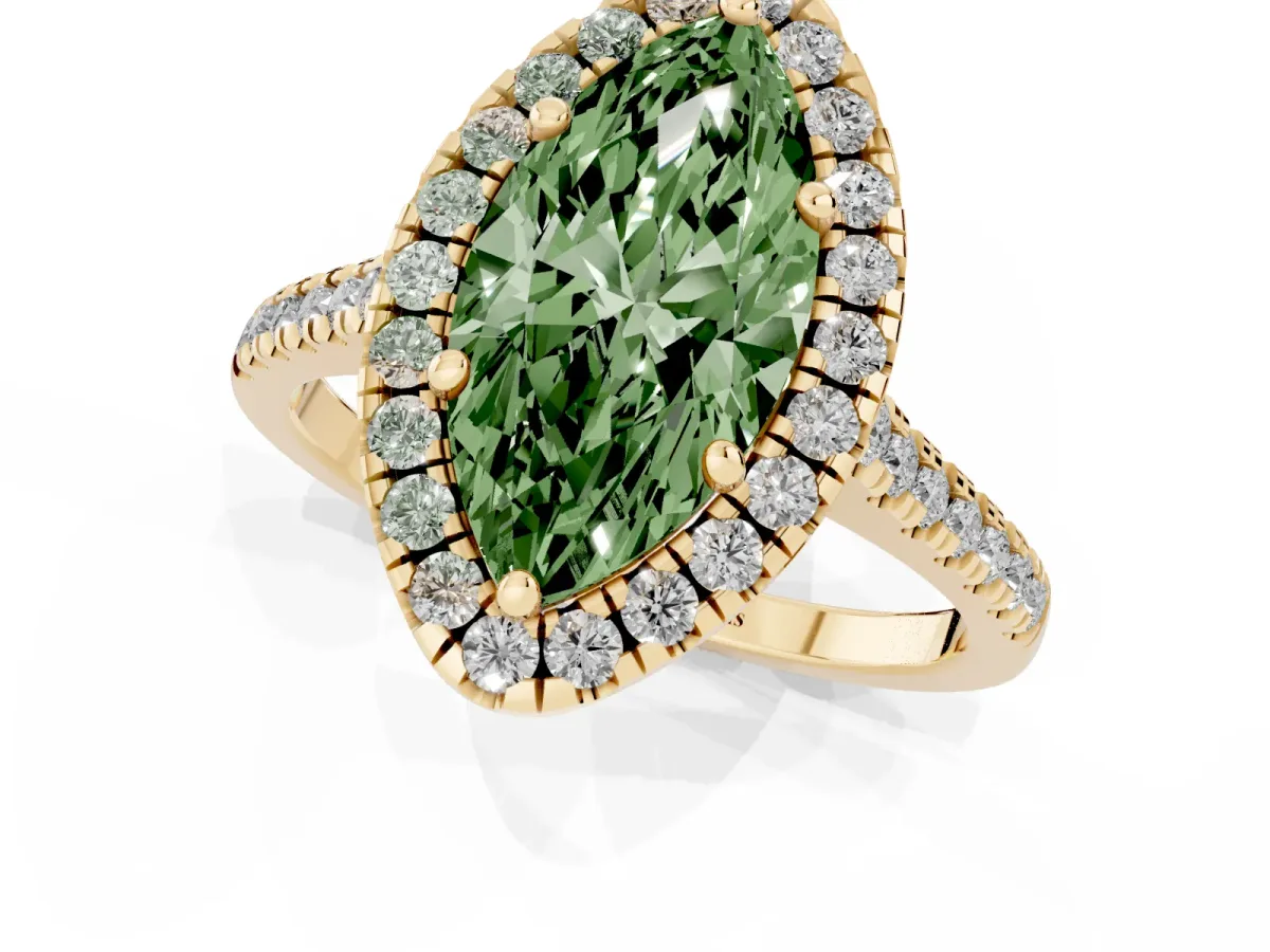 Fancy Green Marquise Cut Diamond Cushion Halo Ring with Pavé Band Yellow gold