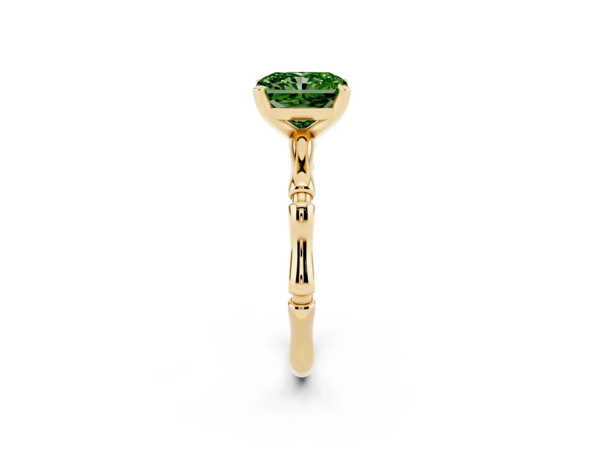 Fancy Green Radiant Cut Solitaire Diamond Ring with Bamboo Band and Four-Prong Setting Yellow gold