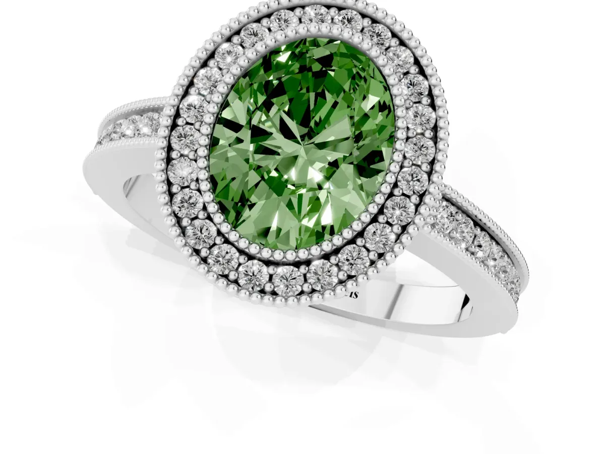 Fancy Green Oval Cut Cut Halo Diamond Ring with Pavé Band and Milgrain Prong Setting Silver