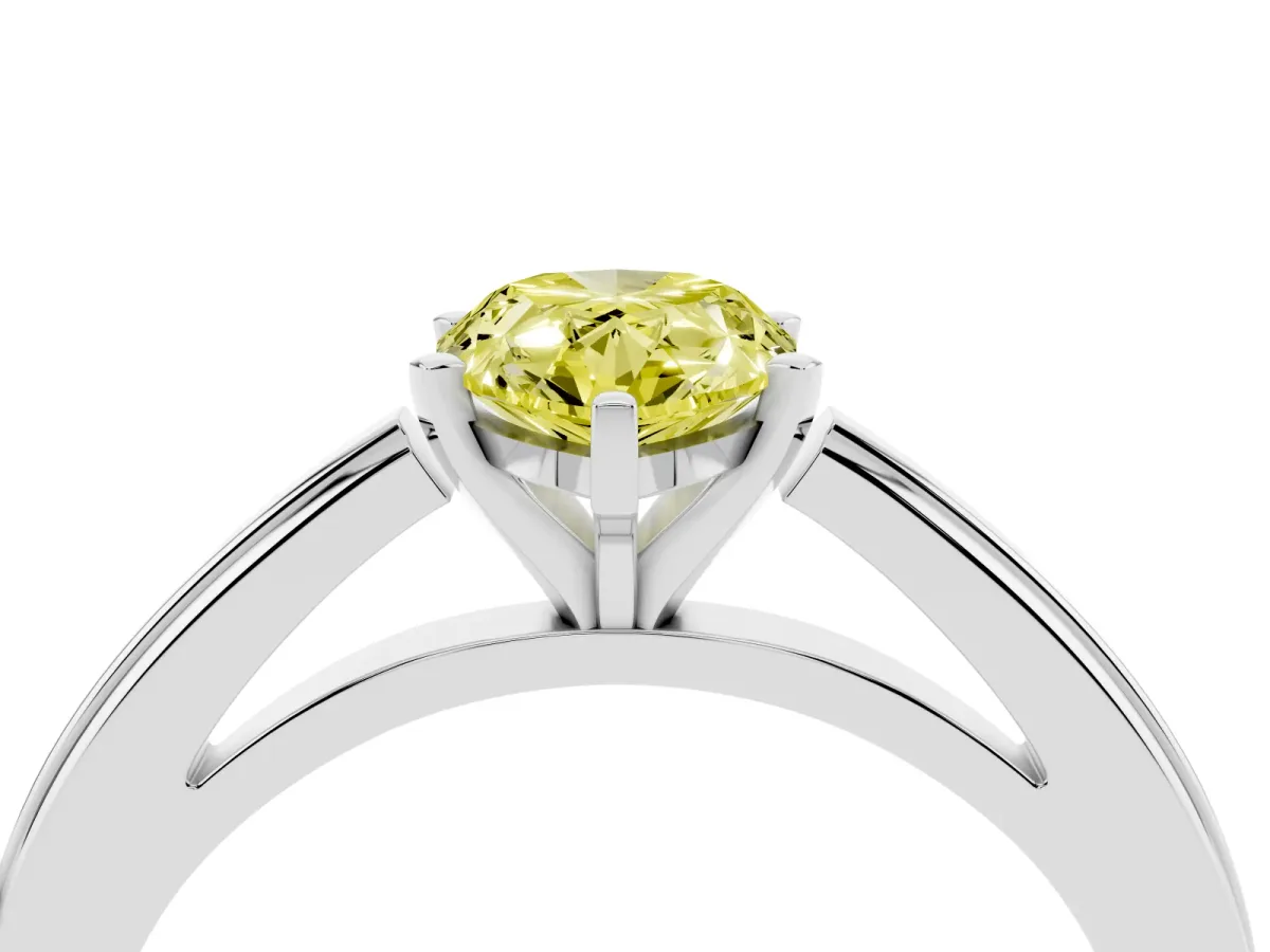 Fancy Yellow Pear Cut Solitaire Diamond Ring with Four-Prong Setting and Classic Band Platinum