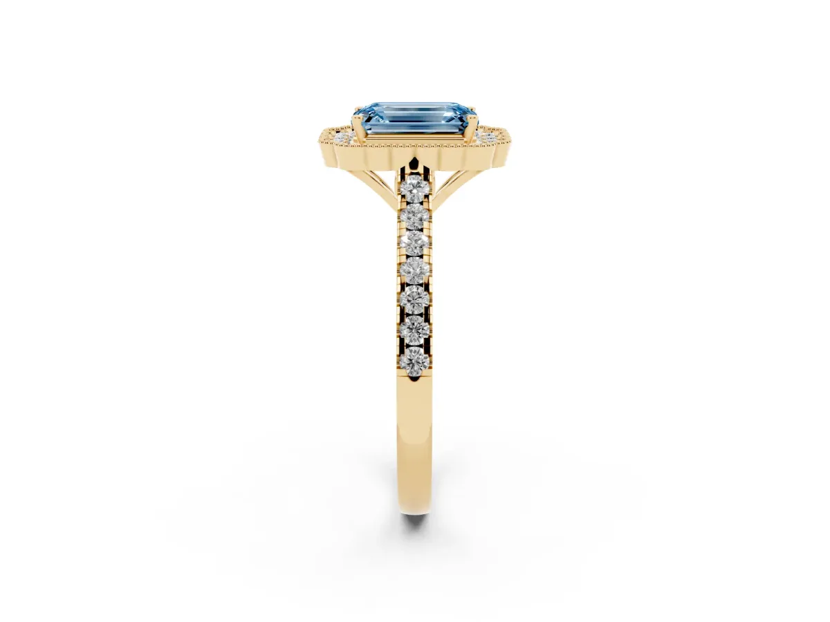 Fancy Blue Emerald Cut Cut Diamond Milgrain Floral Halo Engagement Ring with Pavé Band Yellow gold
