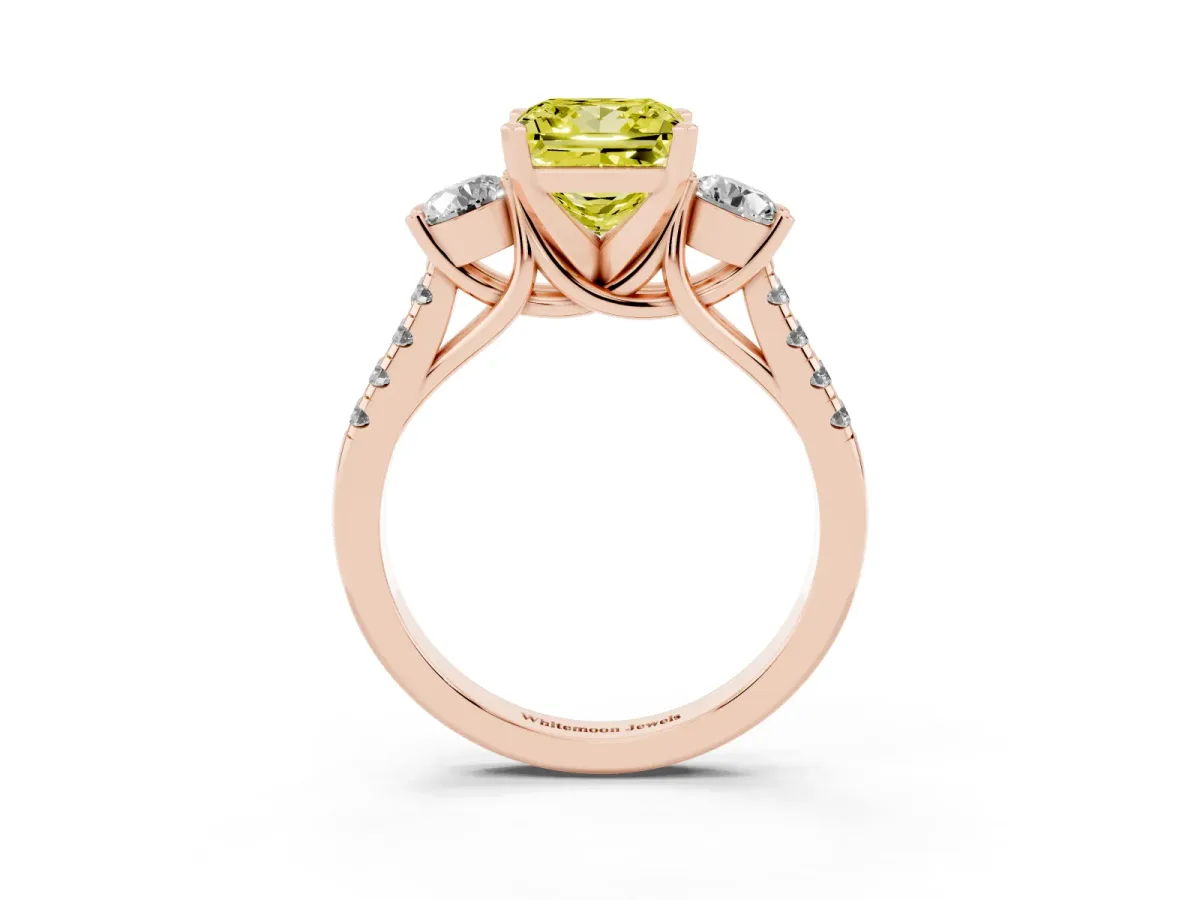 Fancy Yellow Three-Stone Princess Cut Diamond Pavé Band with Four-Prong Setting Rose gold