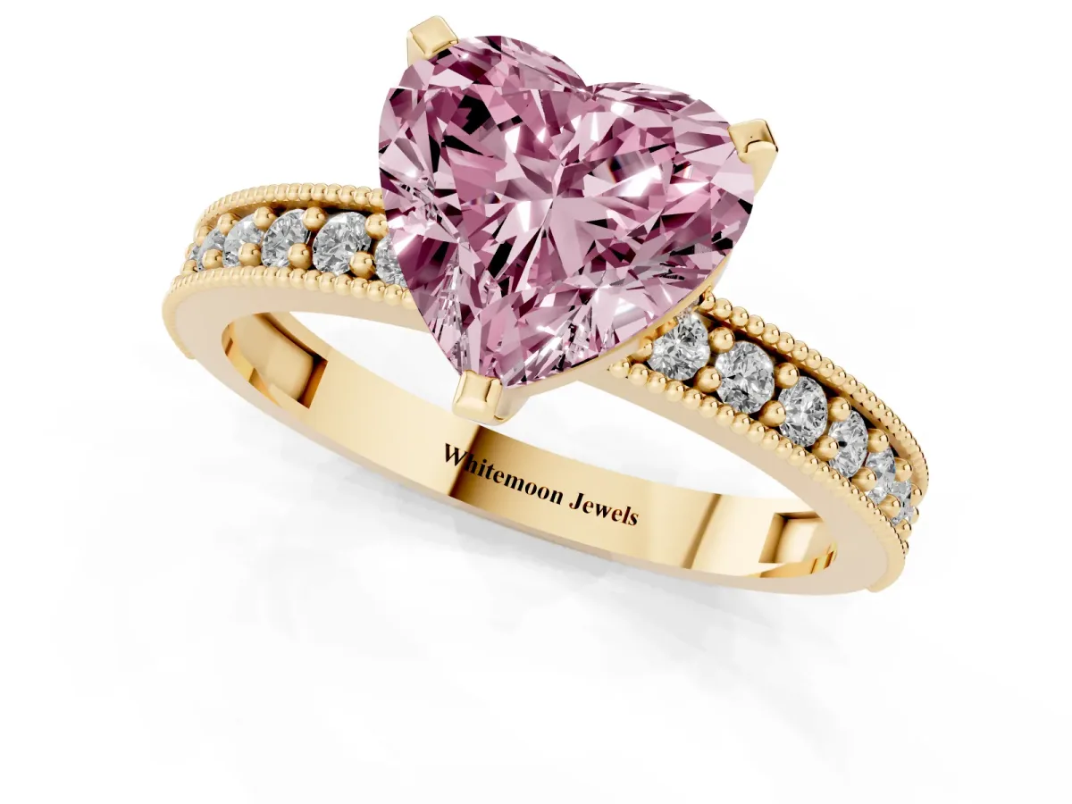 Fancy Pink Heart Cut Diamond Milgrain Pavé Engagement Ring with Four-Prong Setting Yellow gold